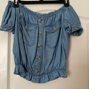 Off Shoulder Button Up Denim Crop Top